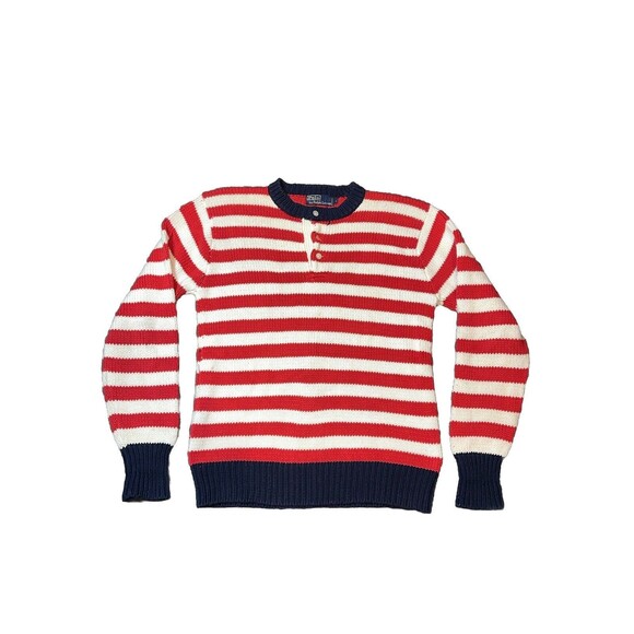 Vintage‎ Polo Ralph Lauren Stripped Knit Sweater Red White Button USA Retro - Picture 1 of 4